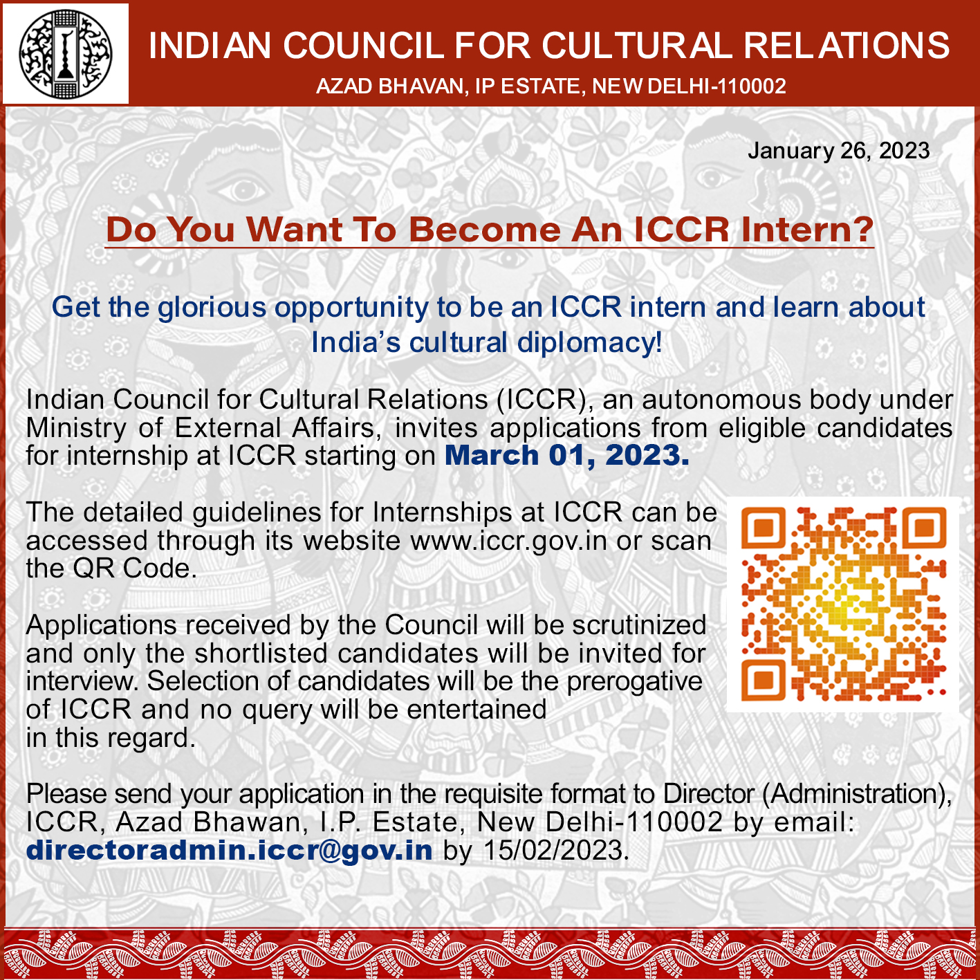 Notice for Intern Recruitment at ICCR
