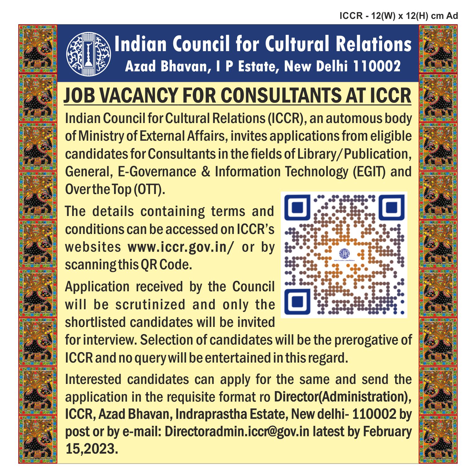 Advertisement for Hiring of Consultants in ICCR