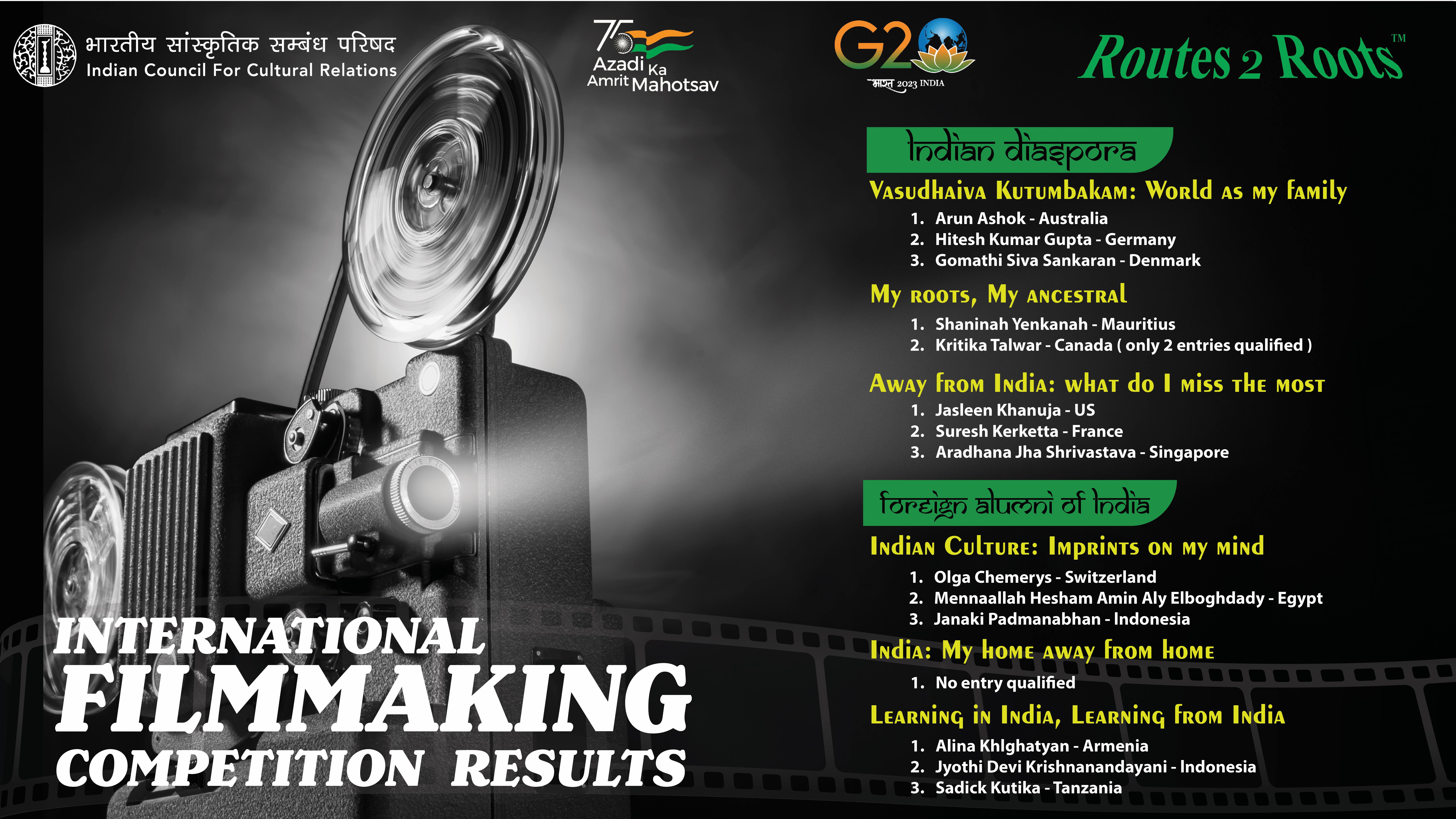 International Film making Competition for Indian Diaspora and Foreign Alumni in collaboration with Routes2roots held from 09 May,2022 to 1st January, 2023 under different theme for different age group.Hon'ble President,ICCR will grace the award function