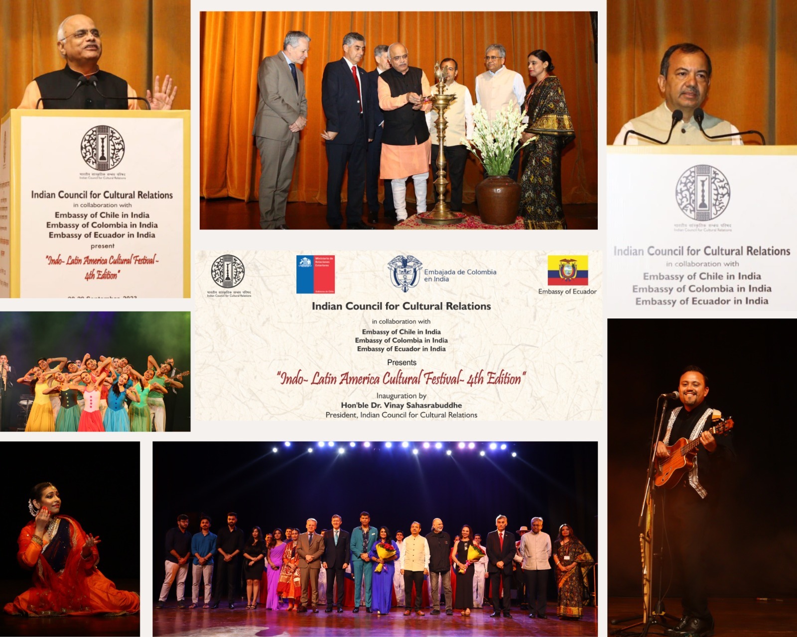 28 सितंबर 2023 को, ICCR के अध्यक्ष डॉ. विनय सहस्रबुद्धे, ICCR के महानिदेशक, श्री कुमार तुहिन ने नई दिल्ली में इक्वाडोर, कोलंबिया और चिली के मिशनों के प्रमुखों के साथ नई दिल्ली में 'चौथे इंडो-लैटिन अमेरिका सांस्कृतिक महोत्सव' का उद्घाटन किया।